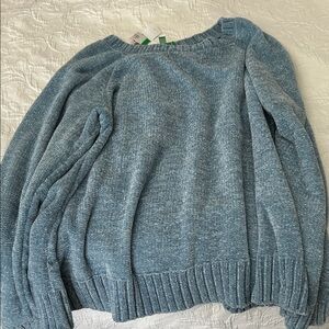 dip Off-the-Shoulder Chenille Sweater in Heathered Blue